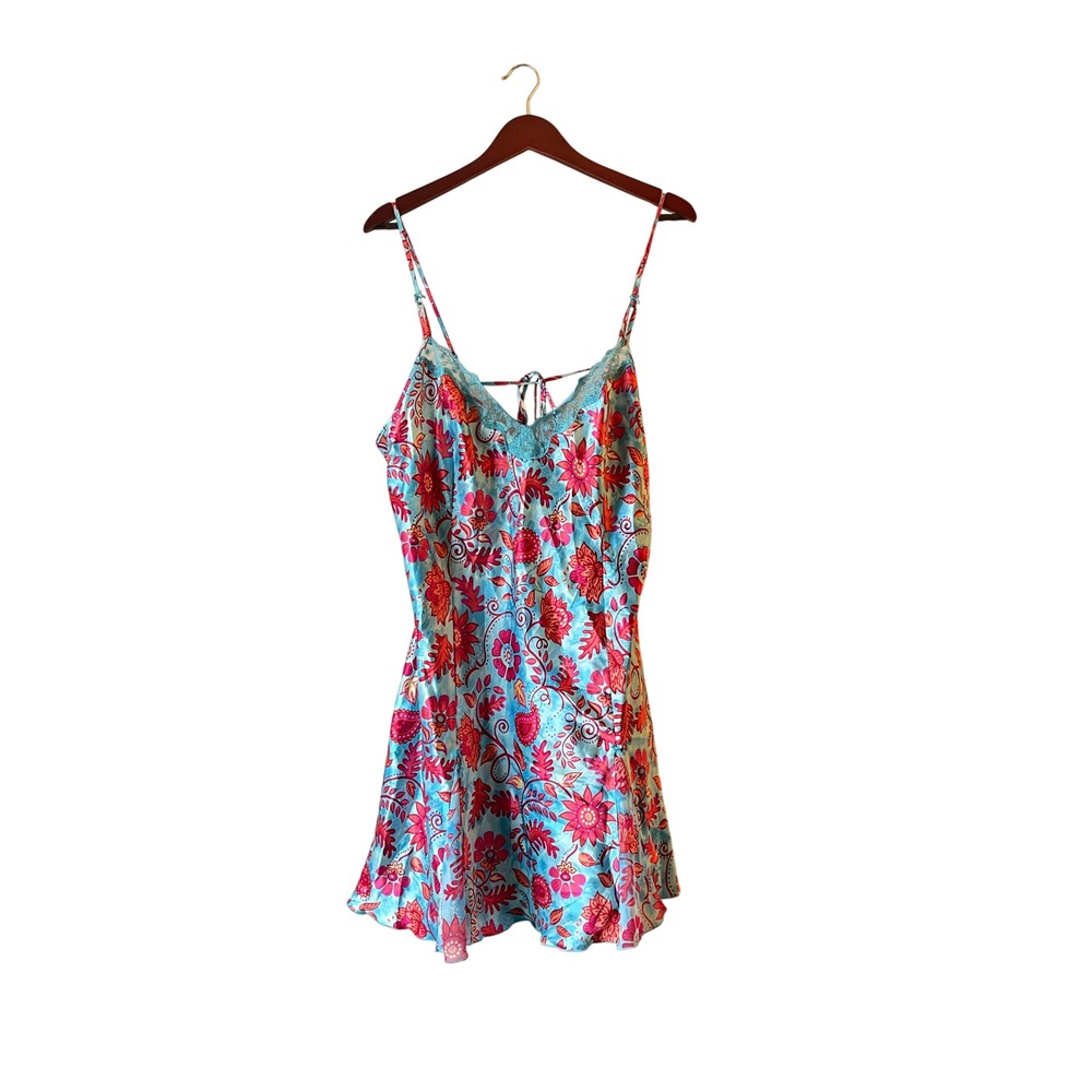 Vintage Womens XL Blue Pink Floral Satin Chemise Sheer inset Lace Trim Slip
